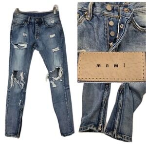 MNML Jeans Mens 28 Blue Ankle Zip Distressed Button Fly Punk Metal Alt Emo 3083